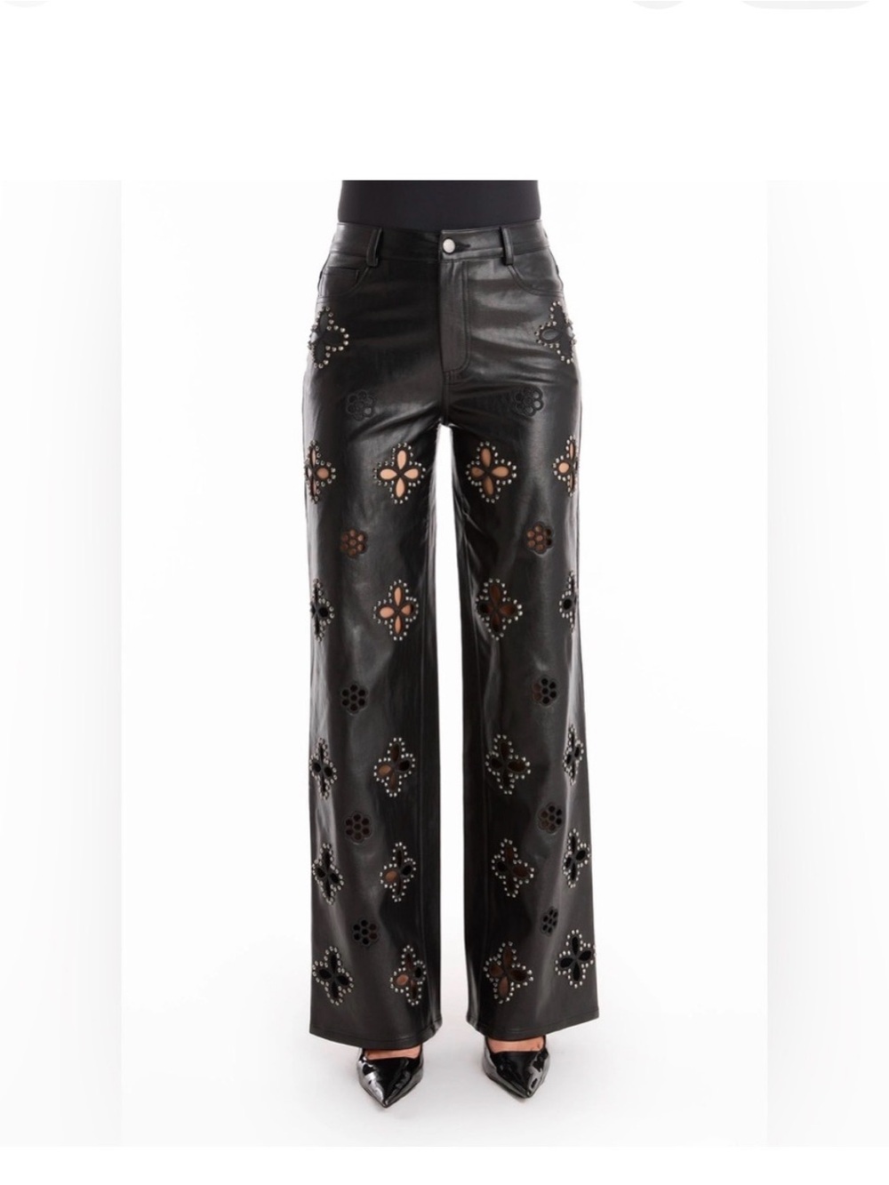The Noli Shop Studded Cutout Leather Wide-Leg Pants - Black - Picture 1 of 5